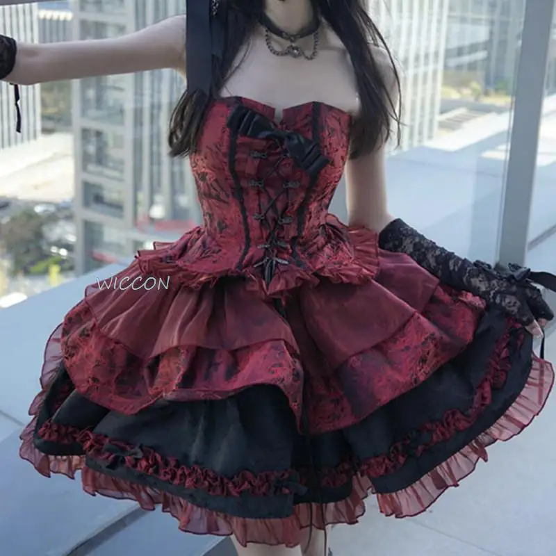 

Victorian Gothic Lolita Dress Luxury Women Harajuku Y2k Lace Bow Evening Party Dresses Punk Style Bandage Fluffy Princess Dress