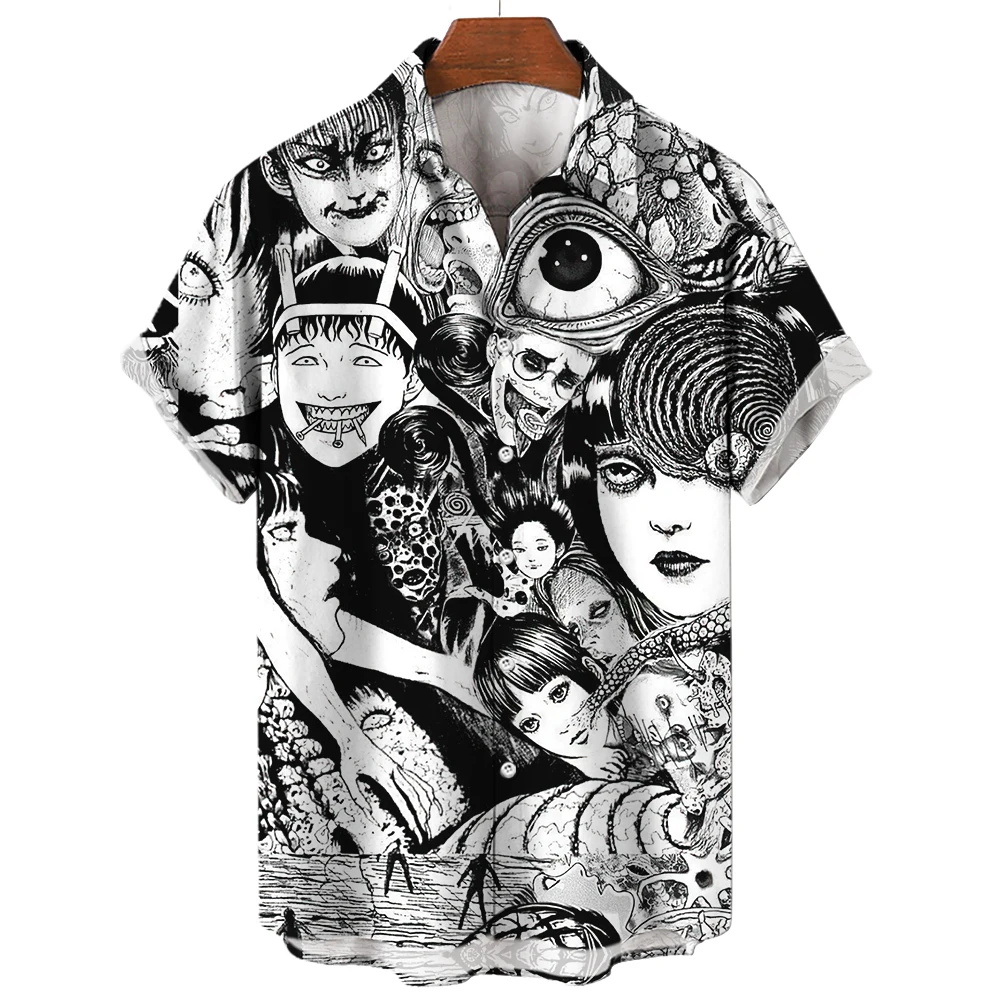 Summer Men's 3D Printed Horror Pattern Shirt Hawaiian Fashion Designer Tops Streetwear Clothes Gothic Short Sleeve Button insdoit y2k chain belt women gothic sun moon belt streetwear punk metal vintage chain pendant chain belt female pattern designer