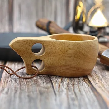 Outdoor Solid Wood Mugs Camping Portable Lanyard Finland Cup Handmade Large Capacity Milk Coffee Cups 1