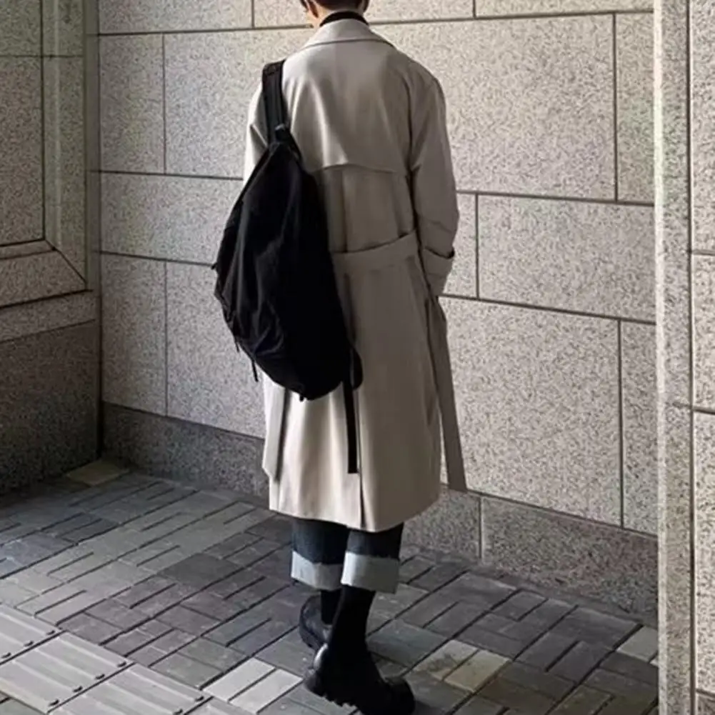 Men Windbreaker Coat Lapel Long Sleeve Double Breasted Trench Coat with Pockets Solid Color Loose Fit Autumn Winter Mid-length O