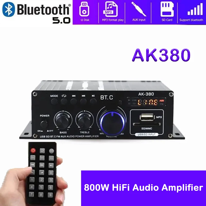 HiFi Audio Amplifier, S-299 4.1 Channels Bluetooth 5.0 Mini Home Power Amplifier Rms 40wx4 Max 800W Active Power Subwoofer DC 12V/5A For High With USB/SD Slot AUX FM Radio