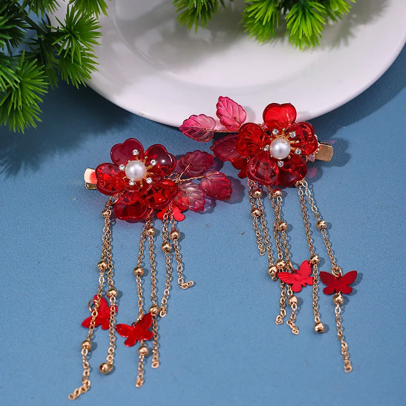 2pcs Red Flower Hairpins Vintage Butterfly Tassel Hair Clip Noiva Jewelry Chinese Hanfu Hair Accessories Custome Dress Headdress