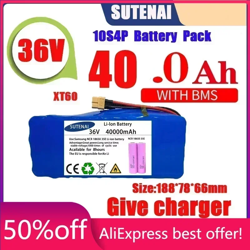 

Original 36V battery 10S4P120Ah battery pack 500W high power battery 42V 120000mAh Ebike electric bike BMS+42V2A Charger
