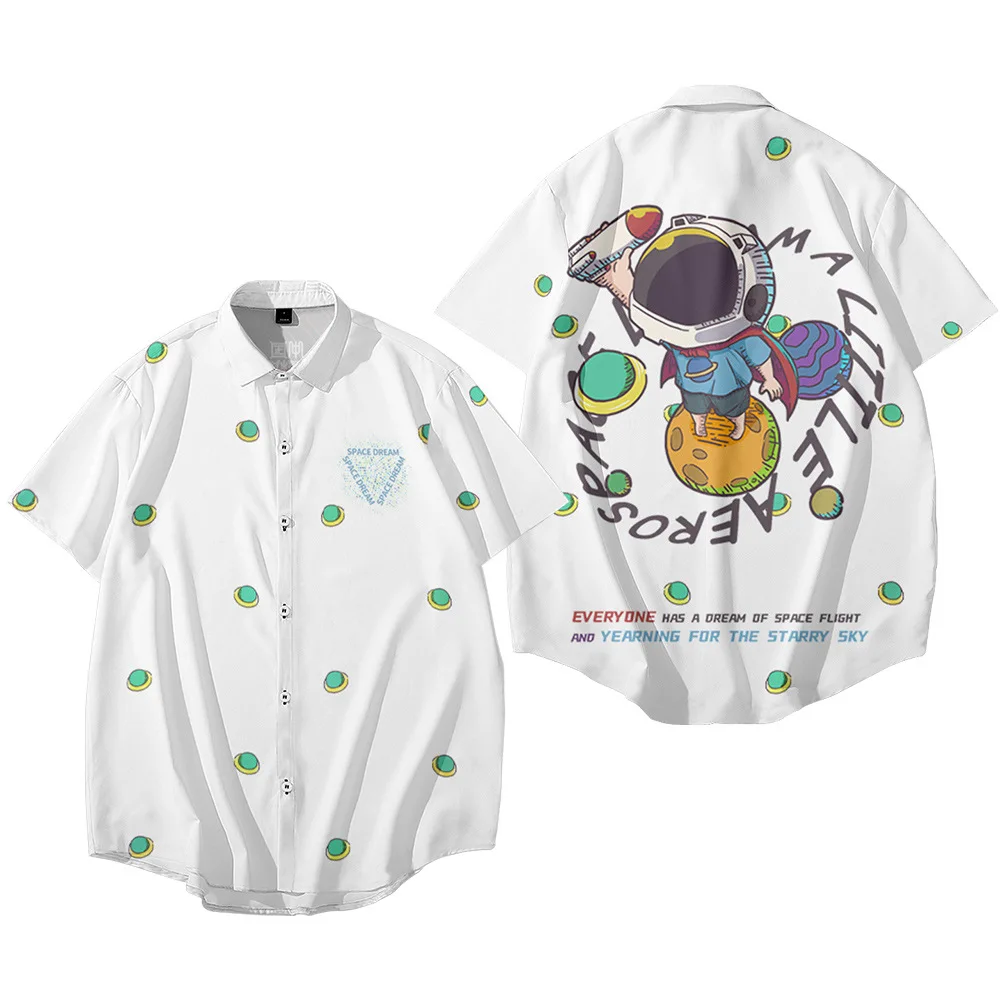 

Cartoon Astronaut Printed Hawaiian Short Sleeve Beach Shirts Summer Casual Couple Men Women Harajuku Camisa Hombre