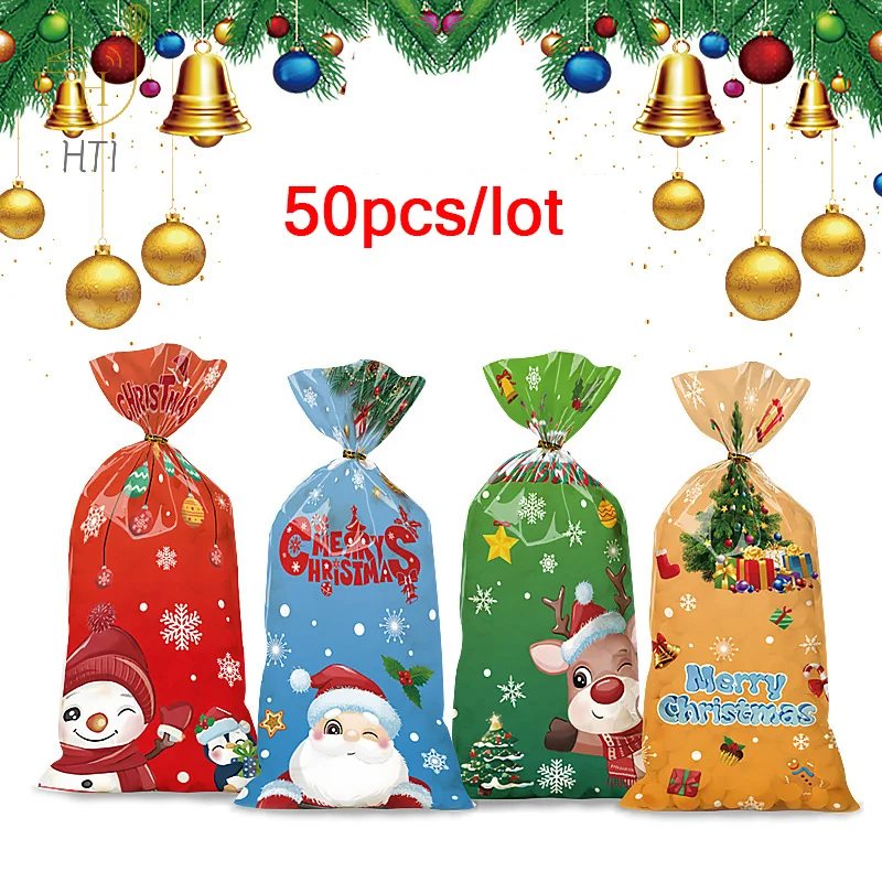

50 шт., пластиковые пакеты для конфет с Санта-Клаусом, снеговиком