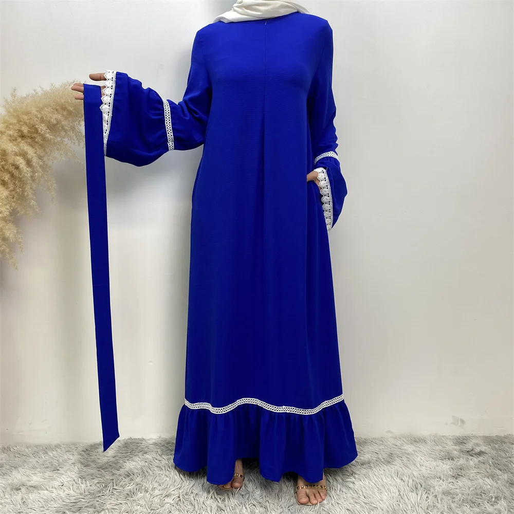 فستان فضفاض للنساء في الشرق الأوسط ، دانتيل أبيض ، أكمام طويلة ، نمط سحاب ، شائع ، مرقع ساخن ، دبي ، تركي ، إسلامي ، موضة جديدة ، رائج