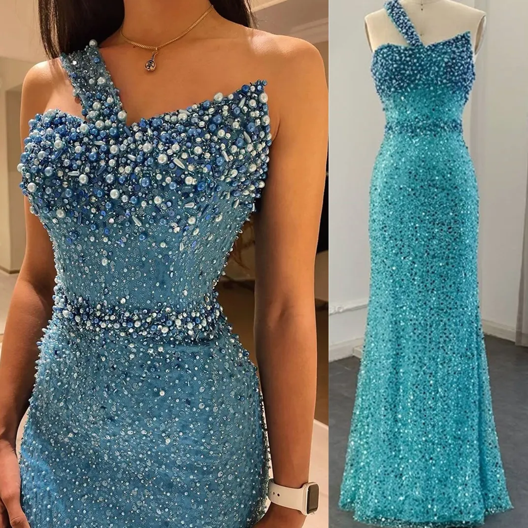 

Luxury Dubai Turquoise Blue Evening Dresses for Women Wedding One Shoulder Arabic Mermaid Formal Prom Party Gowns