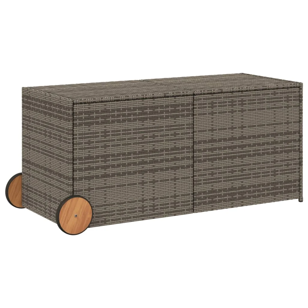 Graue Gartenaufbewahrungsbox 283L aus geflochtener Kunstharz mit Rollen, für Werkzeuge und Outdoor-Kissen – Detail 2