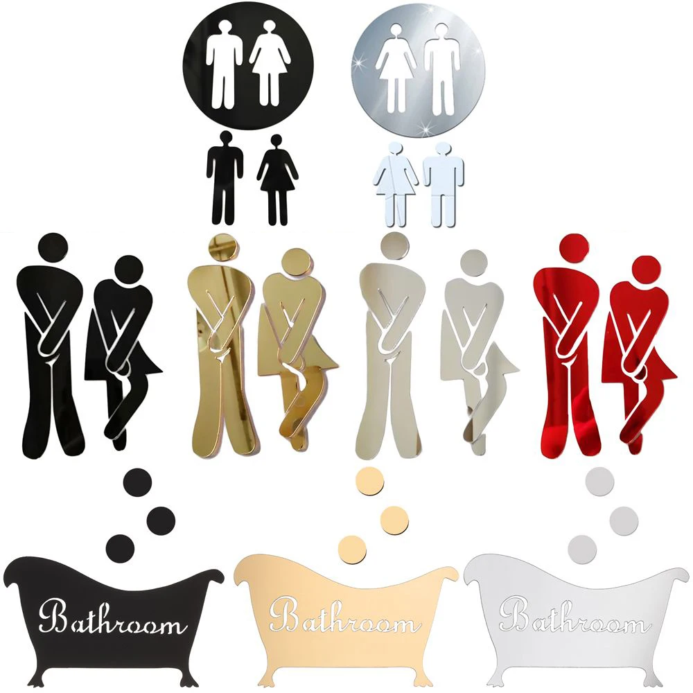 Wall Stickers Toilet Stickers Woman & Man Mirror Surface Decal Bathroom Door WC Decoration Washroom Poster 3D Wall Stickers Toilet Entrance Sign