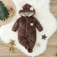 Baby Boy Bear Pattern Hooded Fluffy Fleece Jumpsuit 1