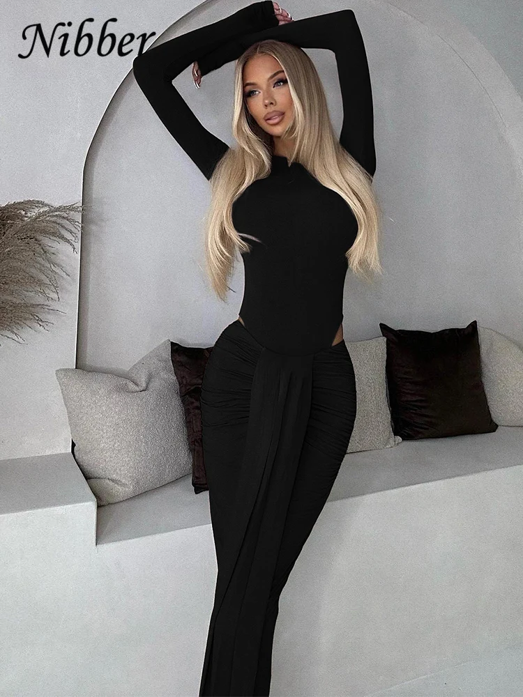 Nibber Casual Elegant Women 2 Piece Set Solid O-Neck Full Sleeve Bodysuit+Pleats Tassel Skinny Skirts Matching Hipster Suits