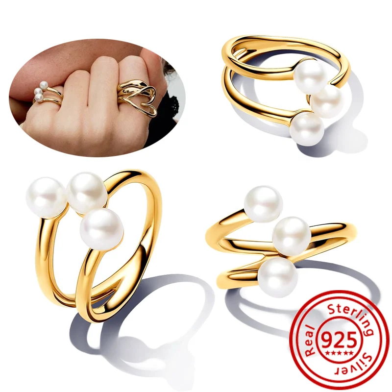Authentic 925 Sterling Silver Moon Sun Day Night Organically Shaped Stacking Heart Pearl Sparkling CZ Pantaro Rings Fine Jewelry 6