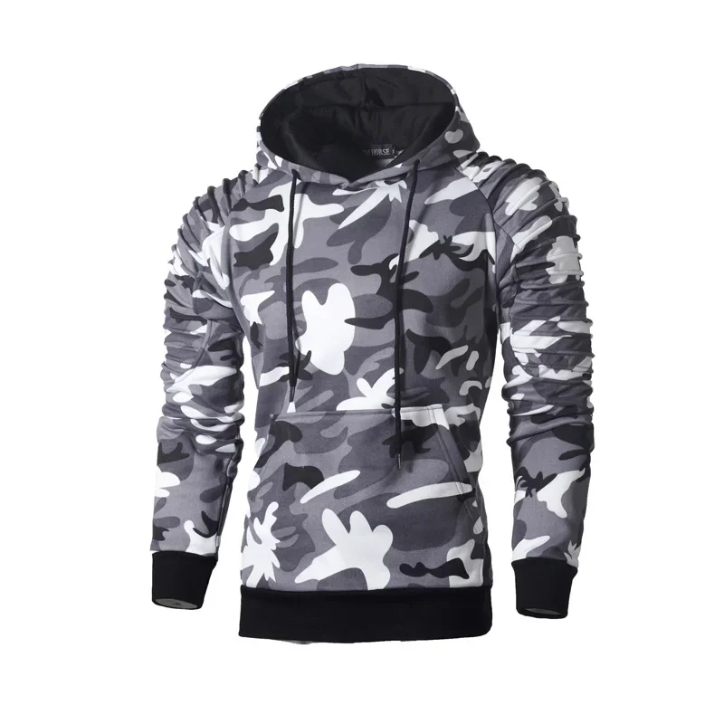 Autumn Winter Men Hooded Sweatshirt Long Sleeve Camouflage Hoodies Gym Fitness Clothing Jacquard Stripe Solid Color Male Hoodies