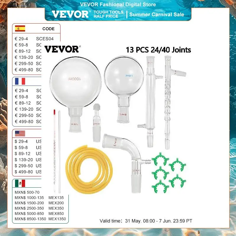VEVOR 13/29/32 PCS Laboratory Glassware Chemistry Kit Distiller 24/40 Joints Flask Mortar and Pestle School Supplies Equipment