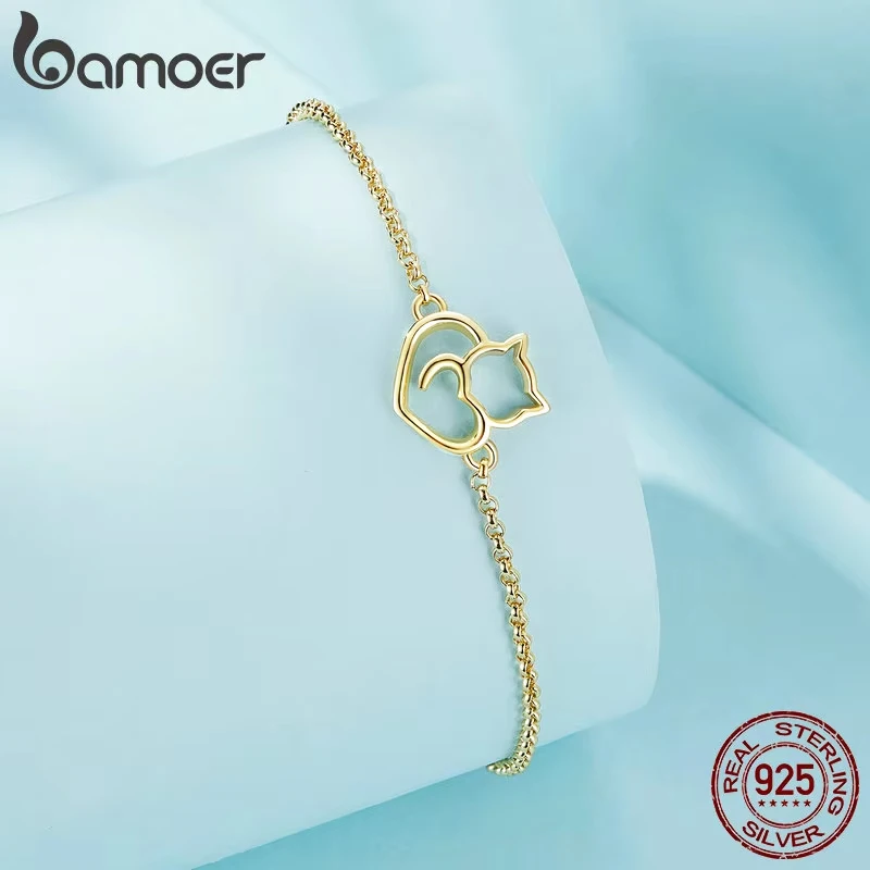 BAMOER 100% 고양이와 하트 링크 체인 팔찌 & Bangles 여성용 정통 실버 주얼리 선물 3 색