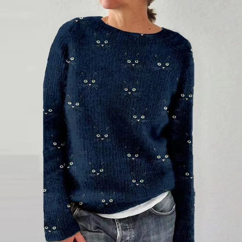 

Lazy Style Elegant Cats Element Women Sweaters Autumn Crew Neck Soft Knitwear Top Pullover Winter Long Sleeve Loose Jumper Mujer