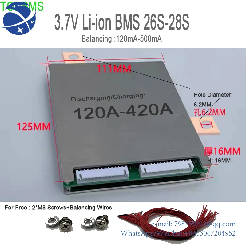 

TOPBMS 3.7V BMS 26S 96V 109.2V 28S 100V 30S 108V 126V 32S 118V 134.4V Discharging Charging 200A 250A 300A 400A Balancing 200mA