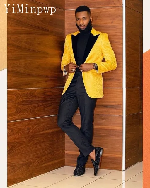 Yellow Jaquard Men Suits Peaked Lapel Wedding Party Suit for Dark Skin Men  costume homme mariage 2 Piece Coat+Pant - AliExpress