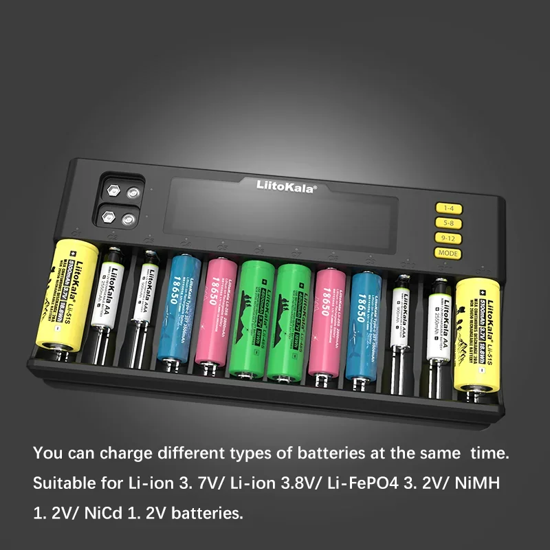LiitoKala Lii-S12 21700 9V 배터리 충전기, LCD 디스플레이, 12 수조, 1.2V, 3.8V, 3.2V, 3.7V, IMR, NiMH, Cd, 18650, 26650 26700, AA