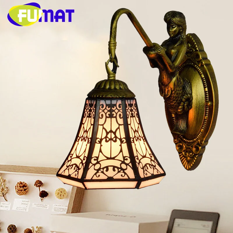 

FUMAT Tiffany style 6 inch stained glass Arabian Mermaid sconce light dining room bedroom headboard wall lamp aisle LED decor