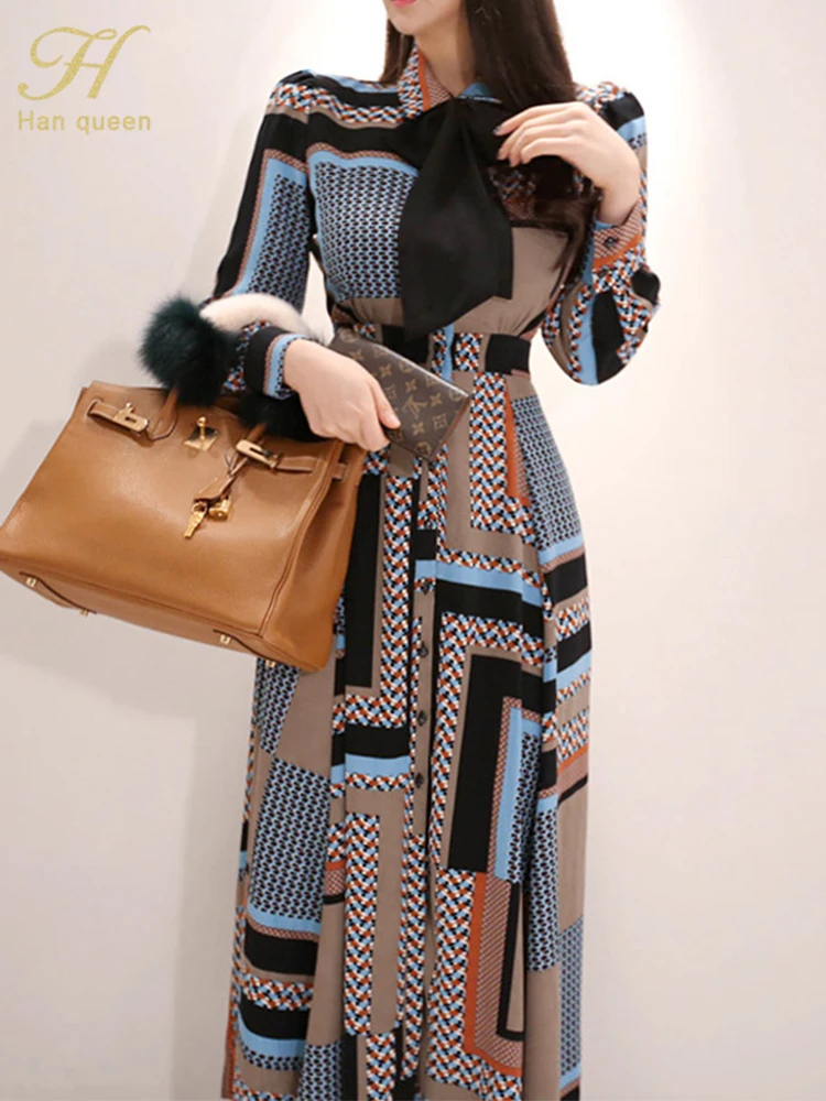 H Han Queen Vintage Print Elegant Long Dress Women Spring Single ...