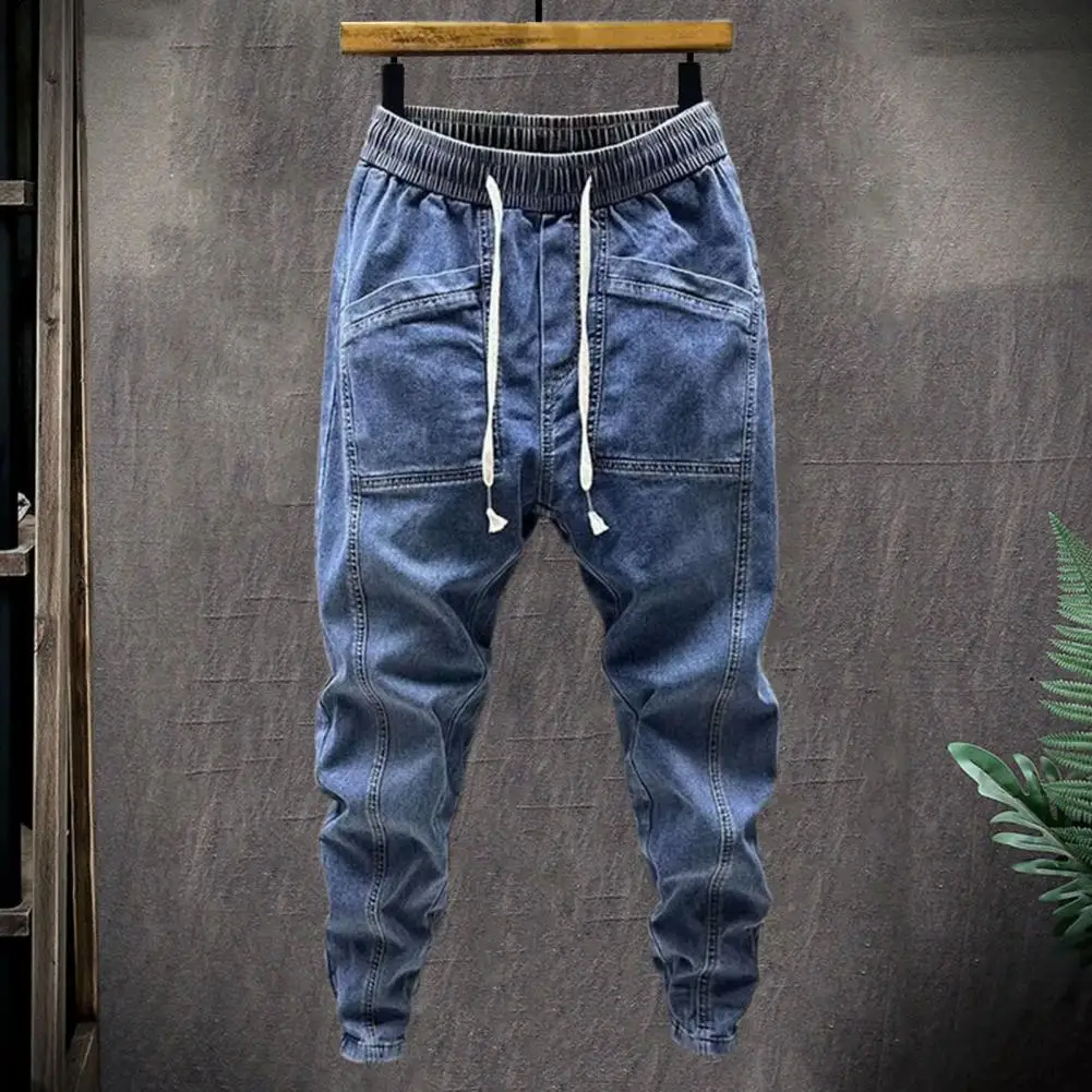 

Multi-pocket Men Trousers Men's Elastic Drawstring Waist Denim Cargo Pants with Pockets Casual Solid Color Harem for Spring
