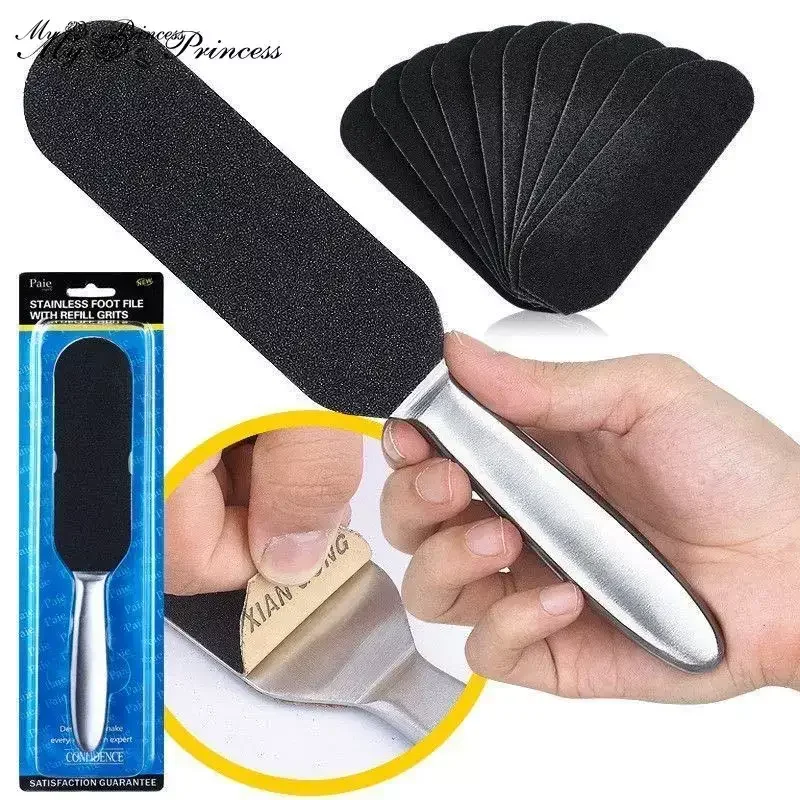 

1pc Stainless Steel Double Side Foot File 10pcs Sanding Papers Rasping Callus Dead Skin Remover Pedicure Feet Care Tool