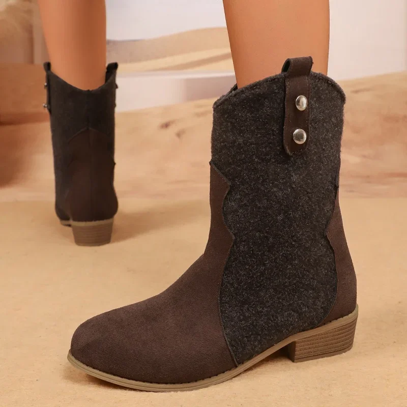 Pleated Cowboy Boots Women Western Style Mid Calf Boots Woman Autumn Winter Plus Size Fashion Chunky Hees Botas Size 36-43