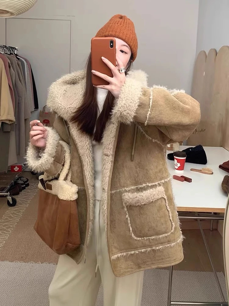 

Hooded Lamb Wool Coat Women's Milk Tea Camel Thickened Warm Fashion Loose Casual Simple Retro All-Match Autumn and Winter Fur