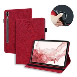 Elegant 3D Embossed Floral Cat Wallet Tablet Cover - Tab S9 (11 inch) (Red - flower)