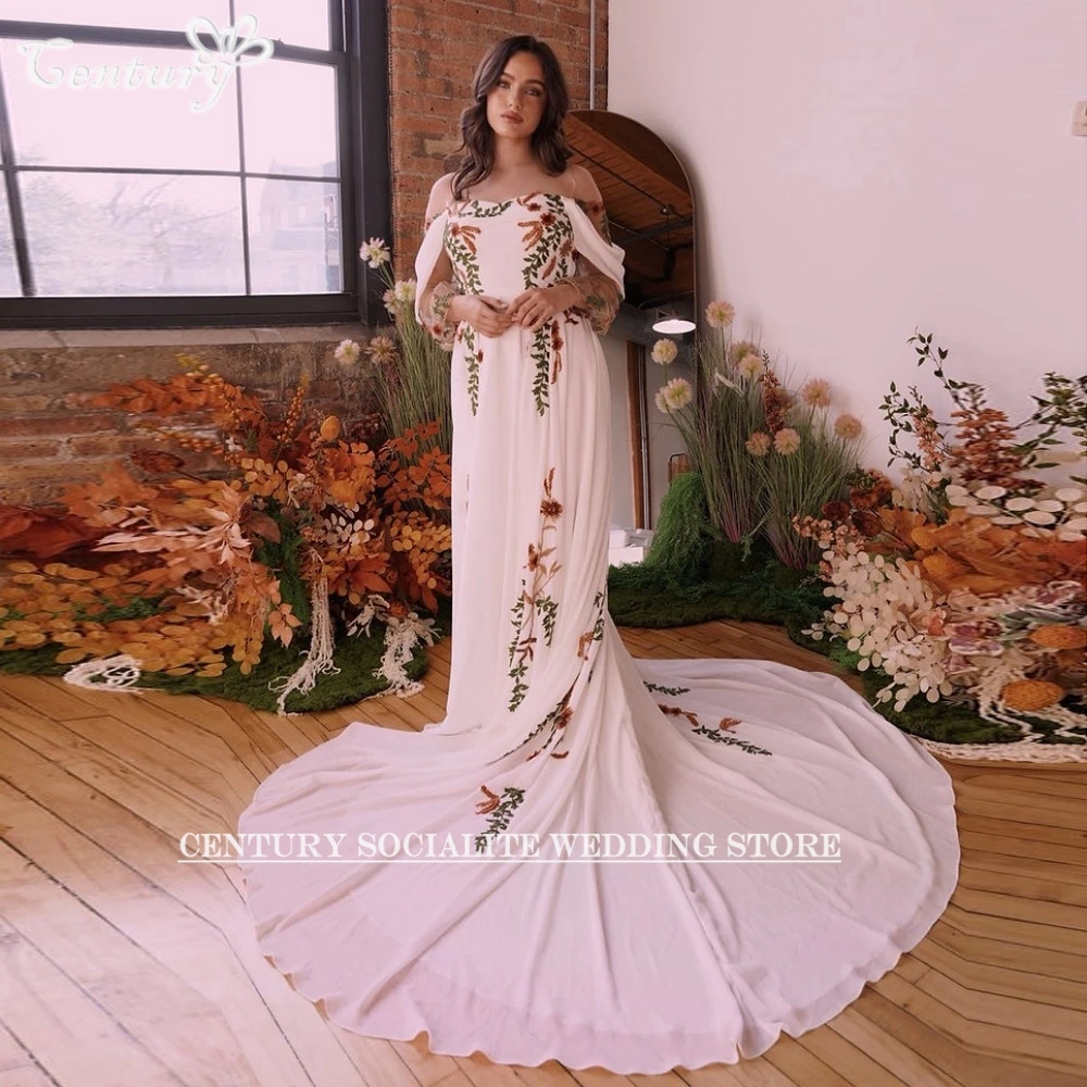 Embroidered Colorful Wedding Dress Off the Shoulder Lace Up Back Chiffon  Forest | eBay