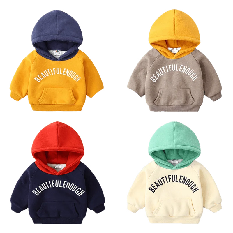 Kids Winter Hoodies Sweatshirt Plus Velet Letter Print Color Patchwork Thickening Fleece