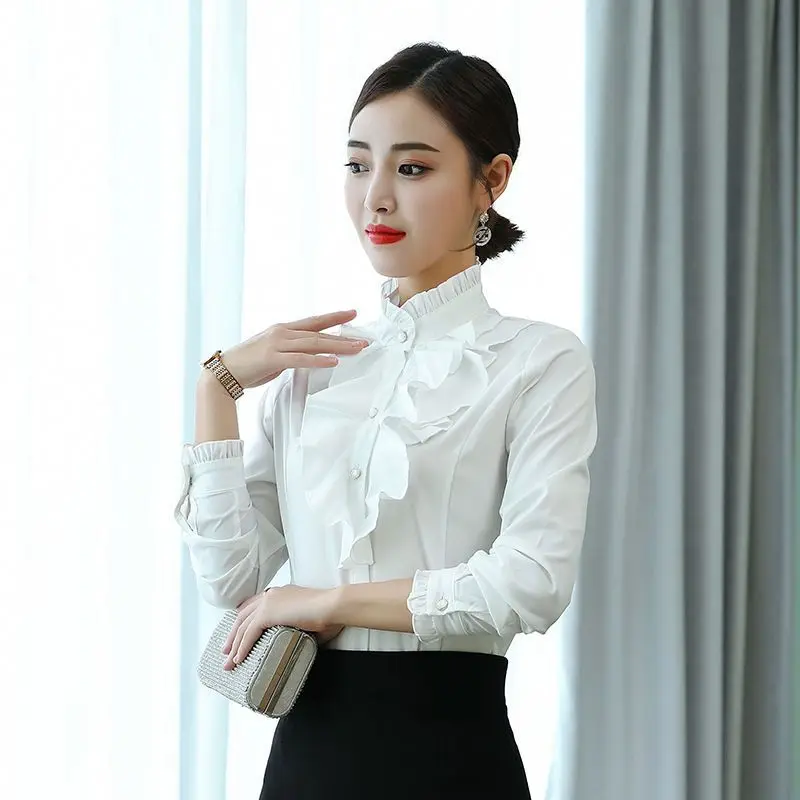 Patchwork Long Sleeve Blouses Fashion Loose Casual Ruffles Temperament Office Lady Simplicity Elegant Buttons Women Clothing