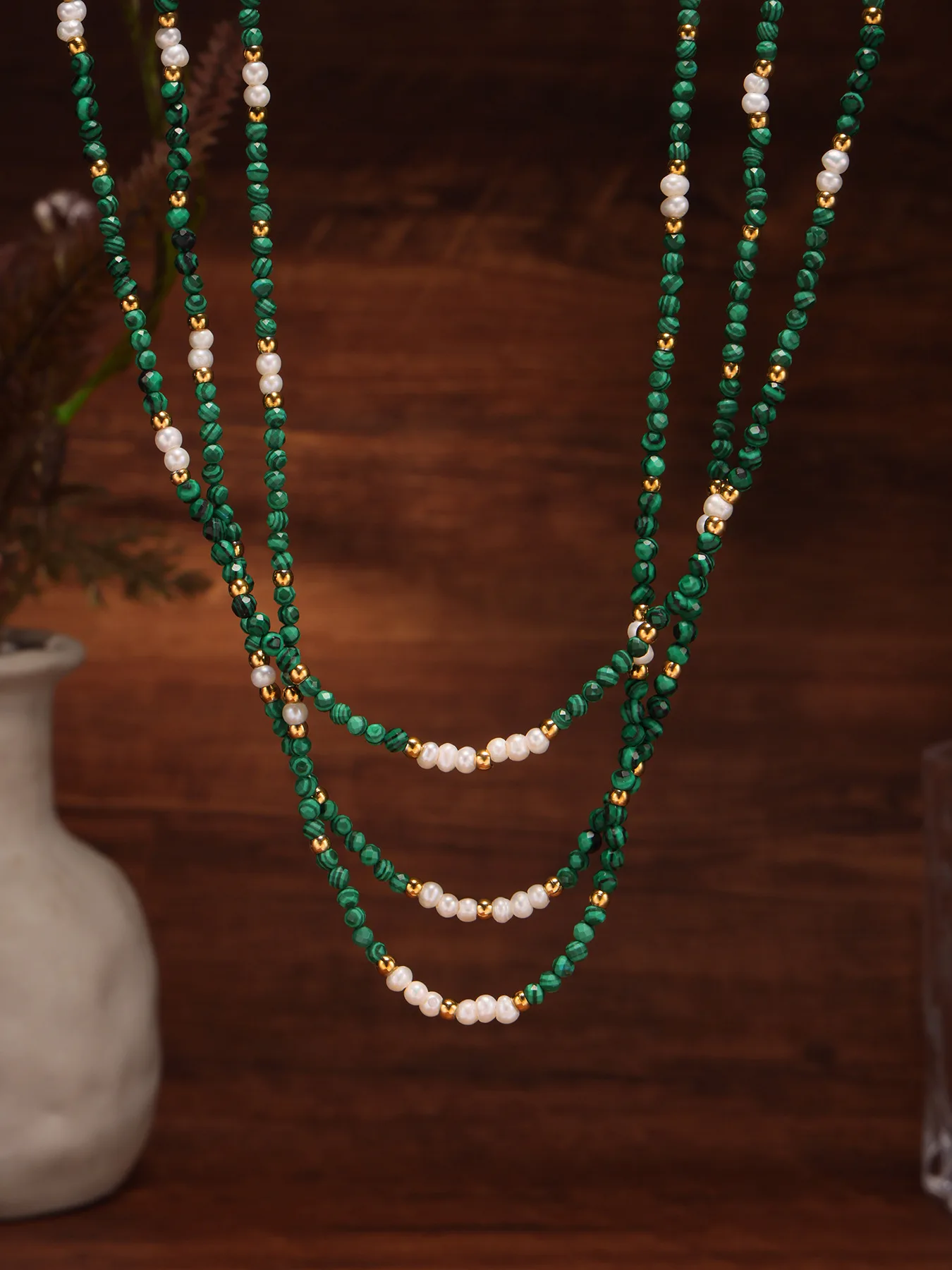 Malachit-Halskette für Frauen, Edelstahl, vergoldet, wasserdicht, Natursteine, Kette, weiblich, Mädchen, Schmuck, Geschenk – Detail 7