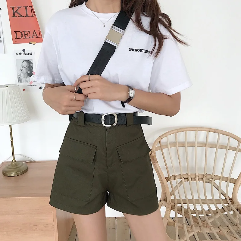 Spring New Korean Style Simple Flanging High Waist Slimming Denim Shorts Female Student All-Matching Straight Wide Leg Hot Pants compression shorts