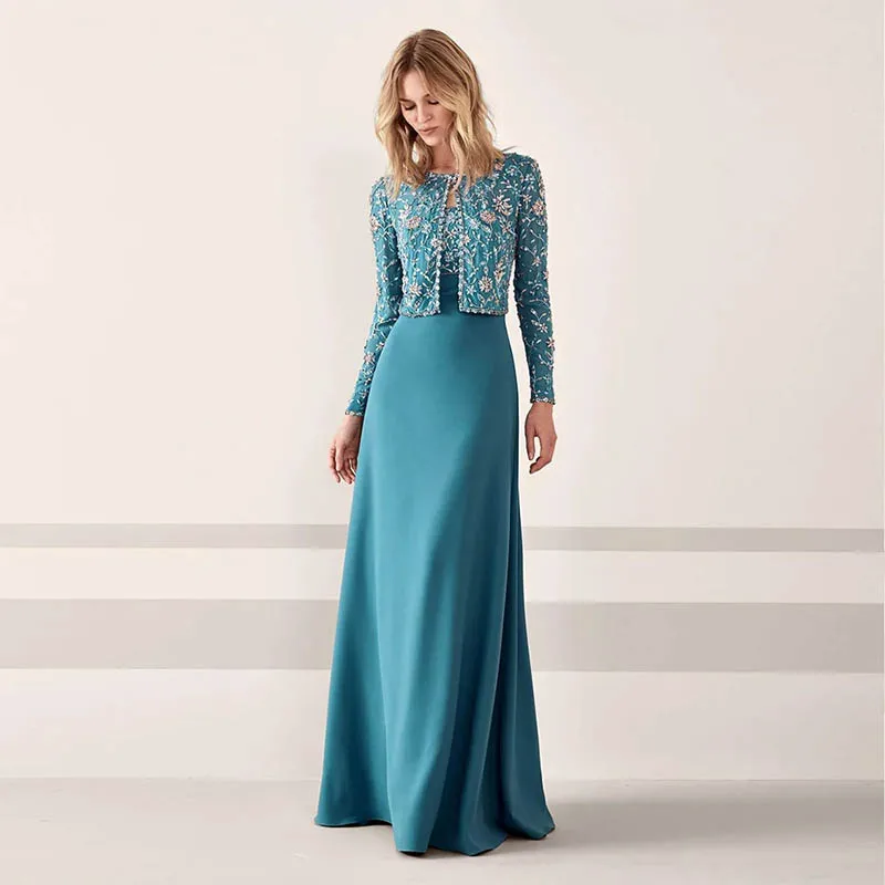 

Elegant Exquisite Mother of the Bride Dresses Blue Scoop Neck Sleeveless Beading Floor-Length Evening Mother Gowns