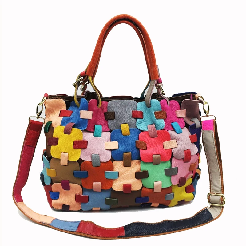 

European and American fashion women's handbags, hand spliced square handbags, shoulder bags, colored genuine leather women's bag