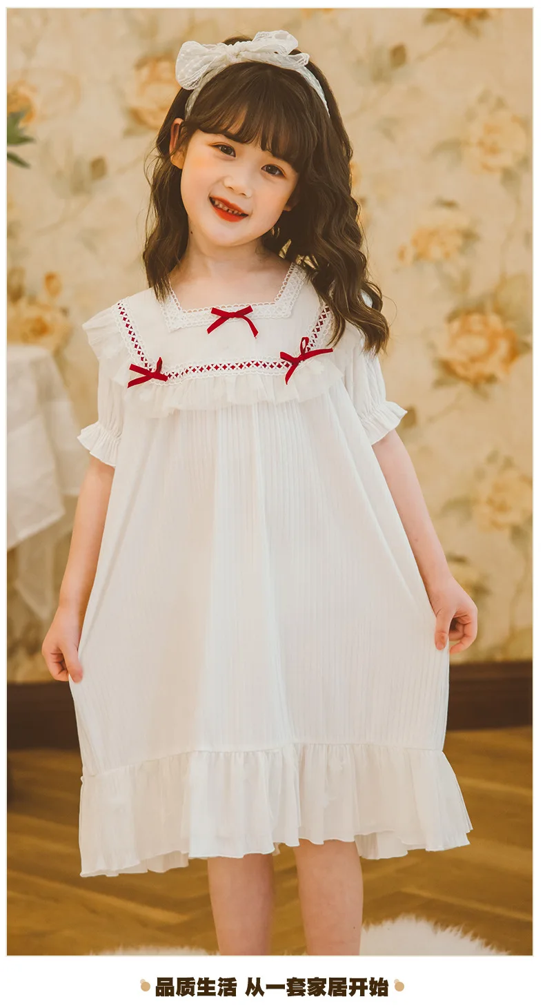 Girl Summer New Modal Nightgown Kids Short Sleeve Ruffles Patchwork Homeclothes Bow Cotton Nightdress Children Pajamas Wz749 top Sleepwear & Robes