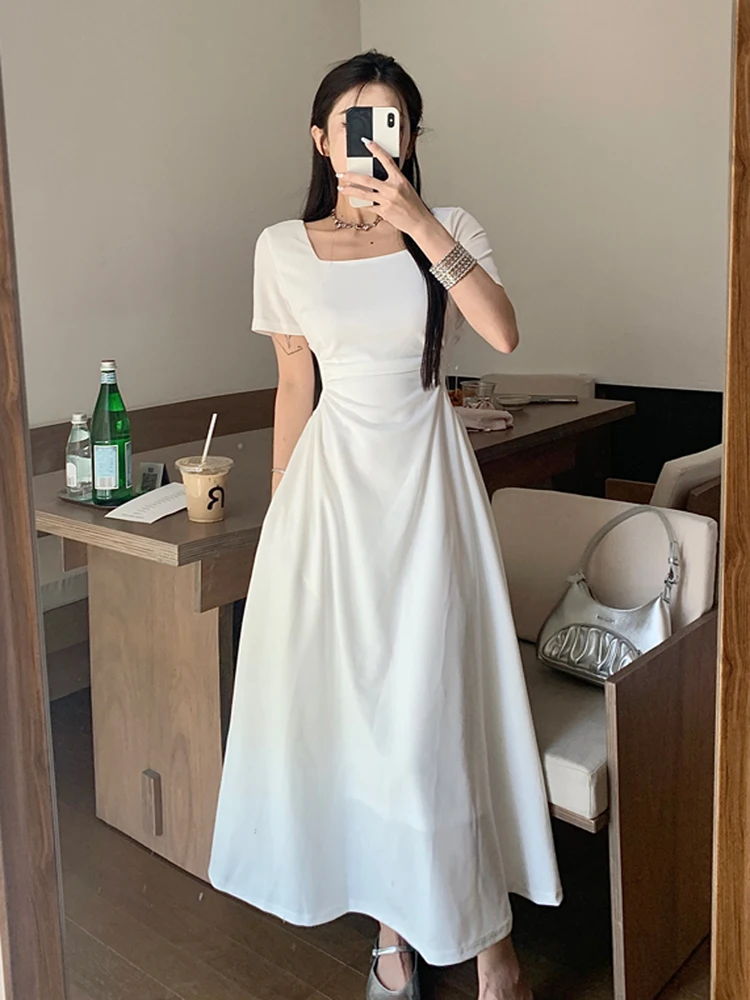 

Женское элегантное платье средней длины, простое однотонное платье во французском стиле с квадратным вырезом, облегающее ТРАПЕЦИЕВИДНОЕ ПЛАТЬЕ С Коротким Рукавом для выпускного вечера, новинка, лето