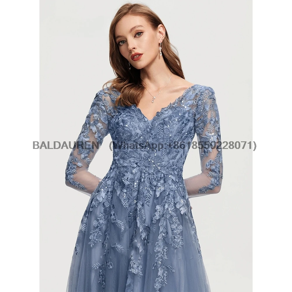V Neck A Line Mother Dress For Wedding 3/4 Sleeves Lace Appliques Wedding Party Gowns Floor-Length Formal Dress Customized mother bride dresses