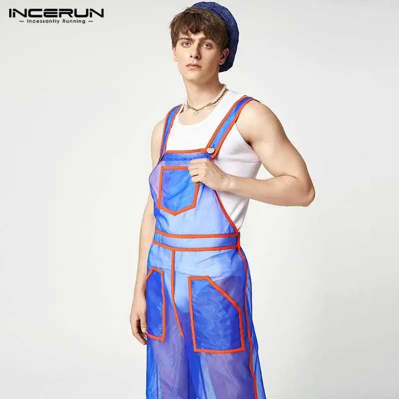 INCERUN Men Jumpsuits Mesh See Through Sexy Patchwork Pockets Sleeveless Straps Rompers Streetwear Fashion Men Overalls 5XL denim overalls men rompers