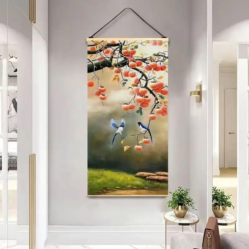 2024 New Chinese style persimmon Ruyi solid wood scroll hanging painting, entrance decoration painting, fabric art, no punching 2