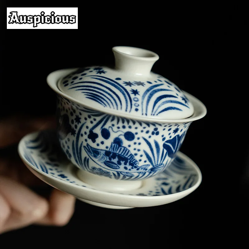 120ml Soda Glaze Tea Tureen Half Color Fish Algae Pattern Gaiwan Sancai Tea Cup Household Maker Cover Bowl Teaware Ornaments