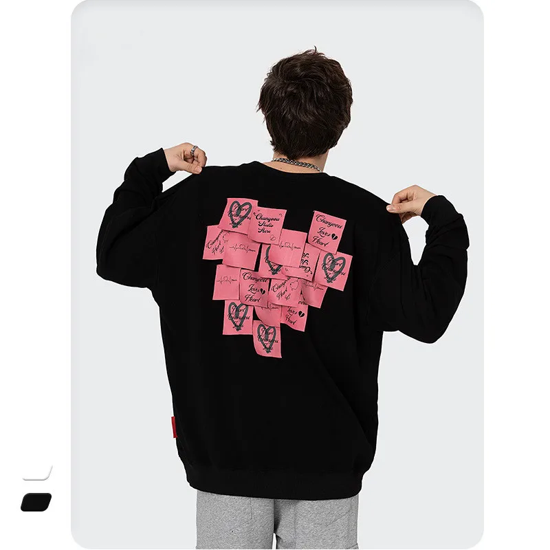 

Fashion Men Women Personality Cotton Sweatshirts Love Heart Patch Stitch Men O Collared Hoodie Oversized Couple Black Sweatshirt