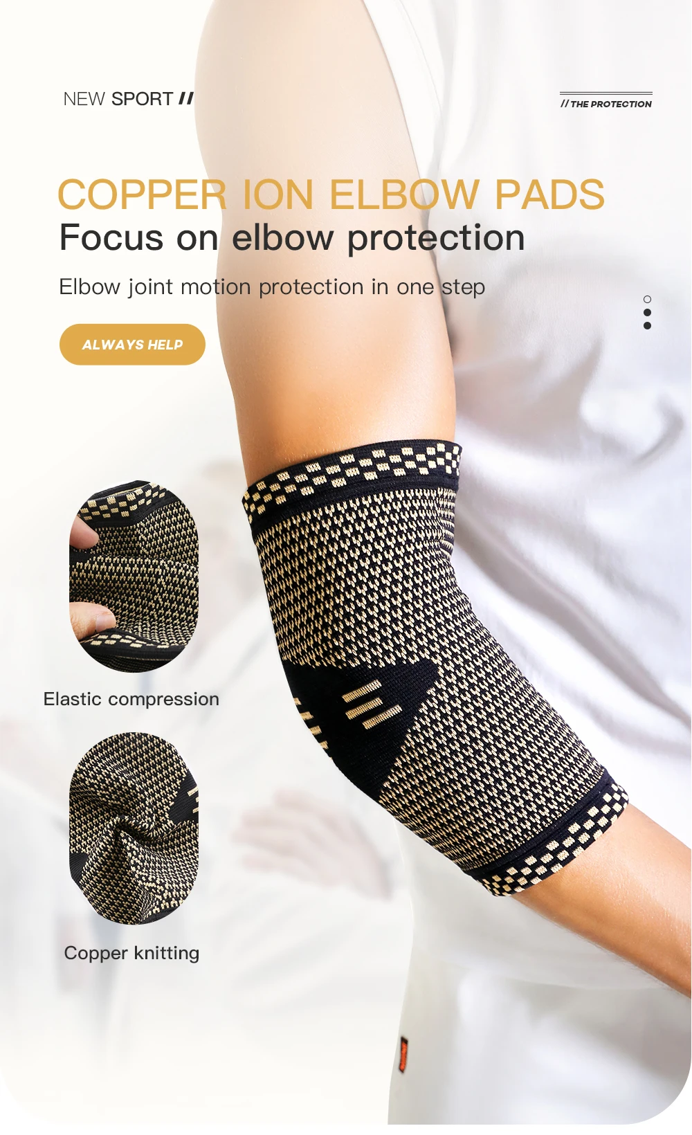 Ellenbogenschützer am Körper und am Seiten, Fitnessprodukte, Ellenbogenschützer, Fitnessstudio, Sport, Kupferfaser-Ellenbogen – Detail 1