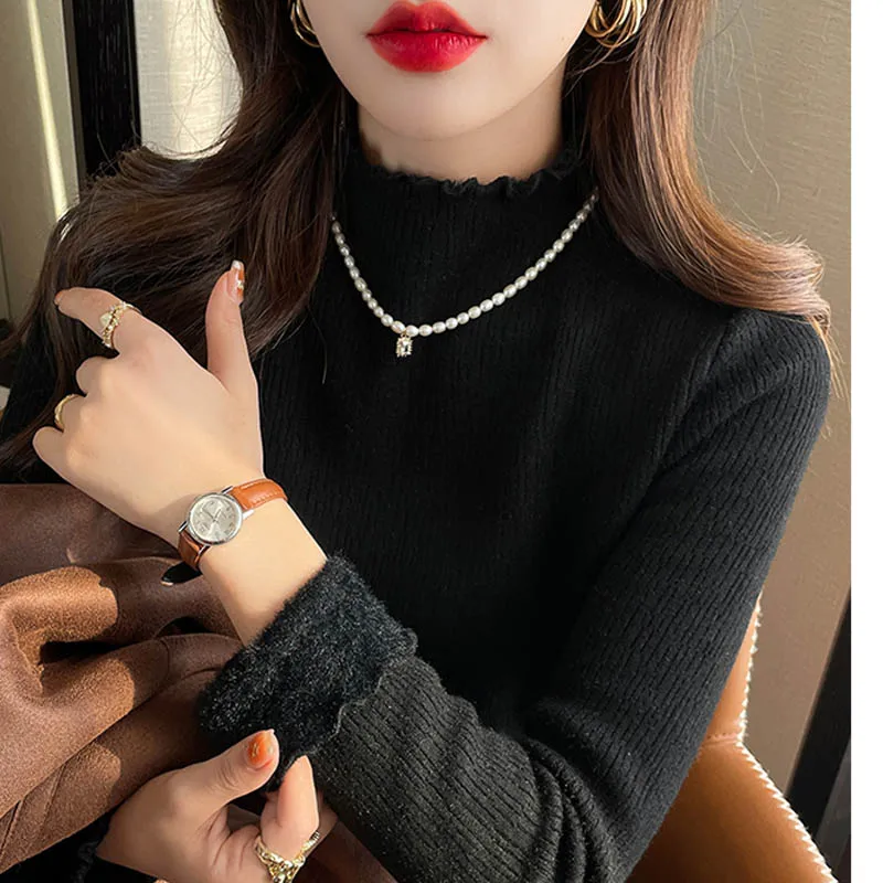 سترة نسائية سميكة للخريف والشتاء بنصف الياقة المدورة، مزاج دافئ ومريح، سترة سفلية بأكمام طويلة