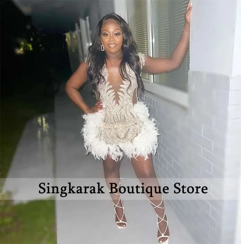 Women Prom Dresses Pink Diamond Short Prom Dress Luxury Sheer Neck Beads Crystal Feather Birthday Party Cocktail homecoming Gowns Robe