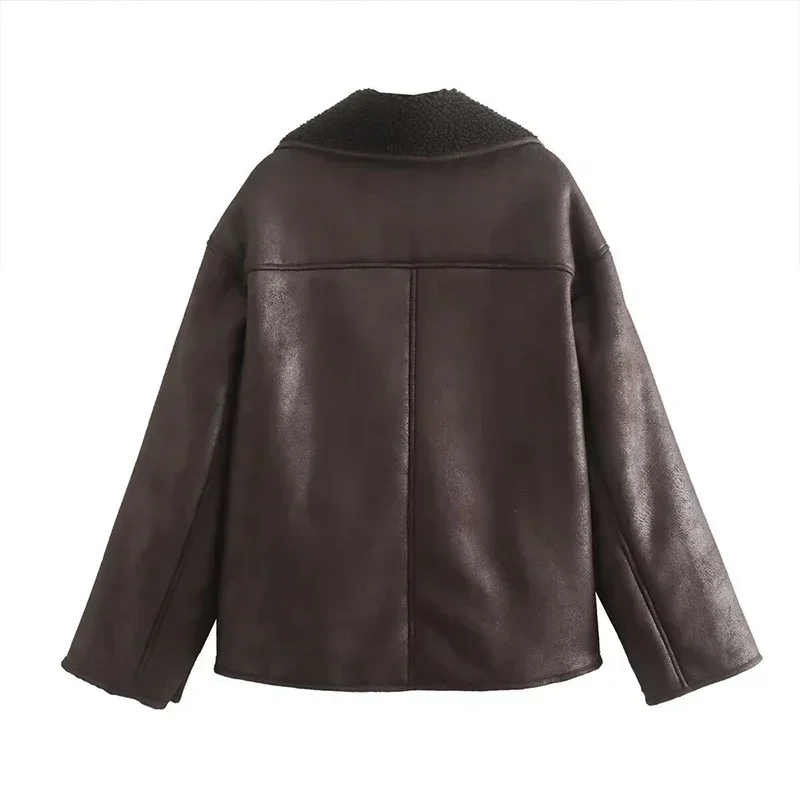 Vintage Women's Leather Jacket Loose Thick Warm Lapel Single Breasted Long Sleeve Fleece Jacket Fall Winter Street Outwear
