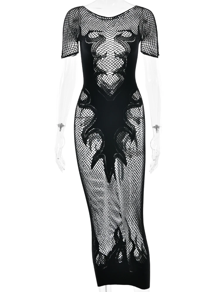 Sifreyr High Stretch Sheer Long Dress Women Fashion O Neck Short Sleeve Streetwear Sexy Club Party Bodycon Dresses Vestido 6