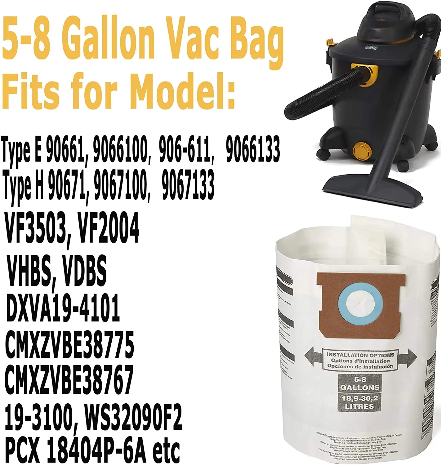 Replacemen Bags For Shop Vac 5-8 Gallon Vacuum Type E/H 90661 906